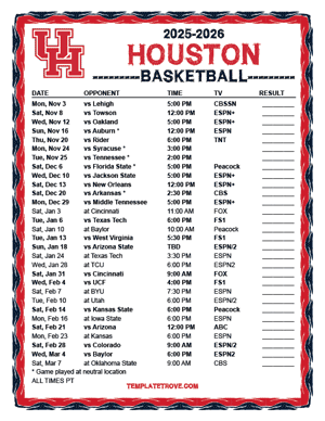 Houston Cougars Basketball 2025-26 Printable Schedule - Pacific Times