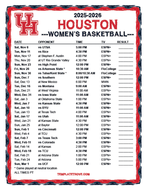 Houston Cougars Women's Basketball 2025-26 Printable Schedule - Pacific Times
