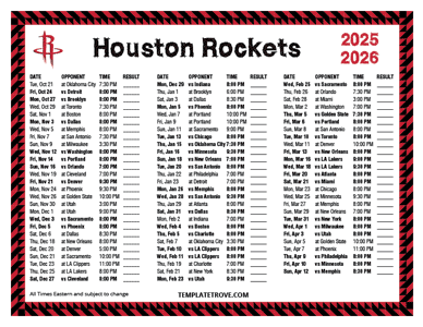 Houston Rockets 2025-26 Printable Schedule