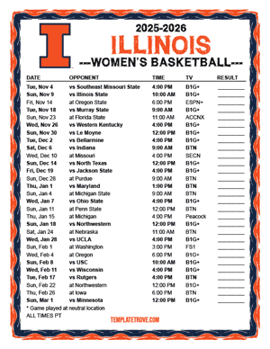 Illinois Fighting Illini Women's Basketball 2025-26 Printable Schedule - Pacific Times