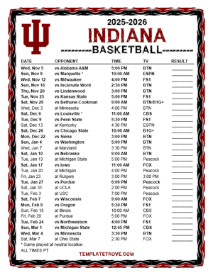 Indiana Hoosiers Basketball 2025-26 Printable Schedule - Pacific Times