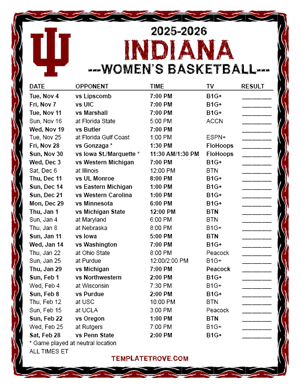 2024-25 Printable Indiana Hoosiers Women's Basketball Schedule