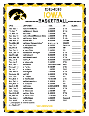 Iowa Hawkeyes Basketball 2025-26 Printable Schedule - Central Times