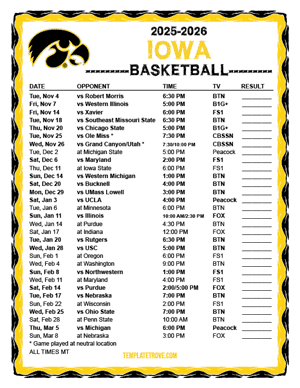 Iowa Hawkeyes Basketball 2025-26 Printable Schedule - Mountain Times