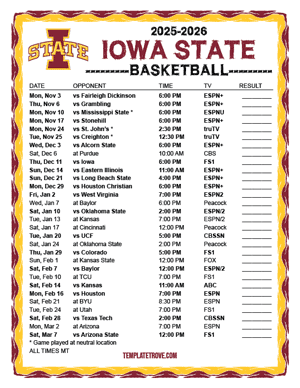 Iowa State Cyclones Basketball 2025-26 Printable Schedule - Mountain Times