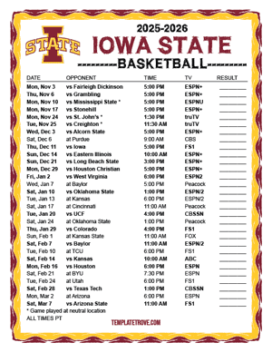 Iowa State Cyclones Basketball 2025-26 Printable Schedule - Pacific Times