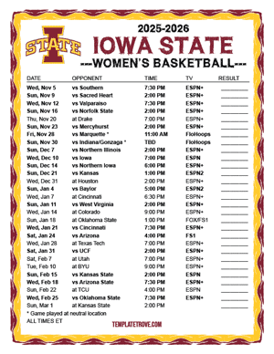 2024-25 Printable Iowa State Cyclones Women's Basketball Schedule