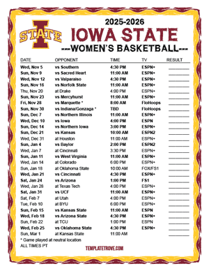 Iowa State Cyclones Women's Basketball 2025-26 Printable Schedule - Pacific Times