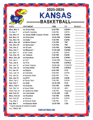 Kansas Jayhawks Basketball 2025-26 Printable Schedule - Mountain Times