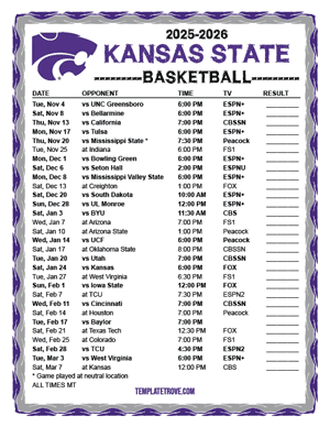 Kansas State Wildcats Basketball 2025-26 Printable Schedule - Mountain Times