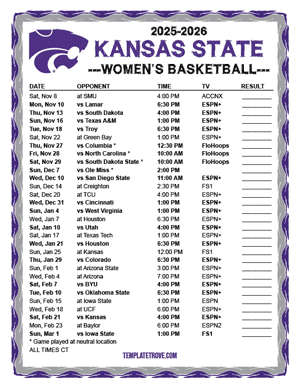 Kansas State Wildcats Women's Basketball 2025-26 Printable Schedule - Central Times