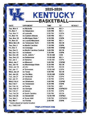 Kentucky Wildcats Basketball 2025-26 Printable Schedule - Mountain Times