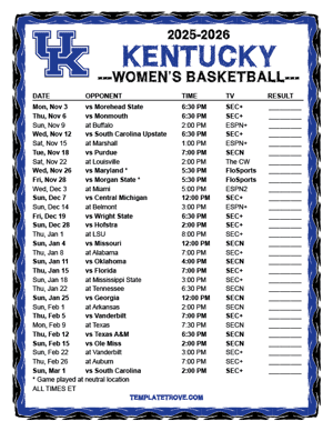 2024-25 Printable Kentucky Wildcats Women's Basketball Schedule