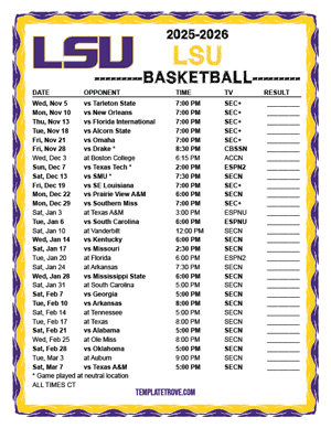 LSU Tigers Basketball 2025-26 Printable Schedule - Central Times