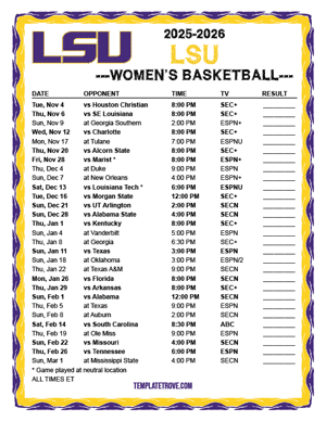 2024-25 Printable LSU Tigers Women's Basketball Schedule