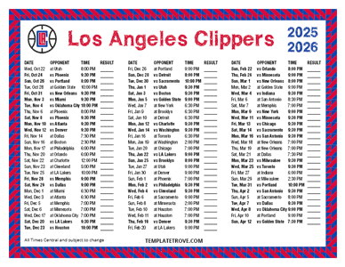 2025-26 Printable Los Angeles Clippers Schedule - Central Times