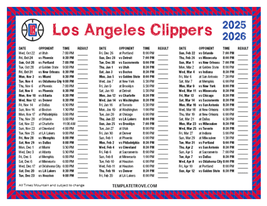 Los Angeles Clippers 2025-26 Printable Schedule - Mountain Times