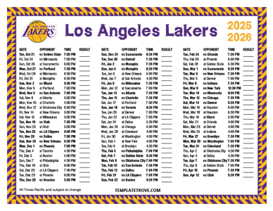 Los Angeles Lakers 2025-26 Printable Schedule - Pacific Times