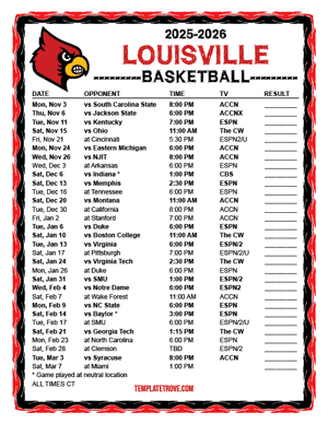 Louisville Cardinals Basketball 2025-26 Printable Schedule - Central Times