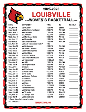 2025-26 Printable Louisville Cardinals Women's Basketball Schedule