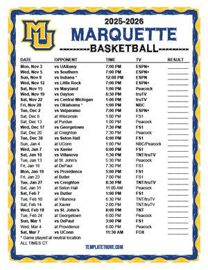 Marquette Golden Eagles Basketball 2025-26 Printable Schedule - Central Times