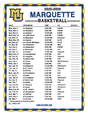Marquette Golden Eagles Basketball 2025-26 Printable Schedule - Mountain Times