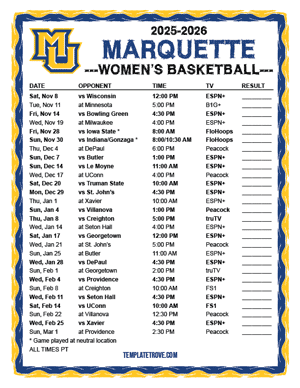 Marquette Golden Eagles Women's Basketball 2025-26 Printable Schedule - Pacific Times