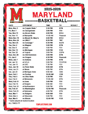 Maryland Terrapins Basketball 2025-26 Printable Schedule - Pacific Times