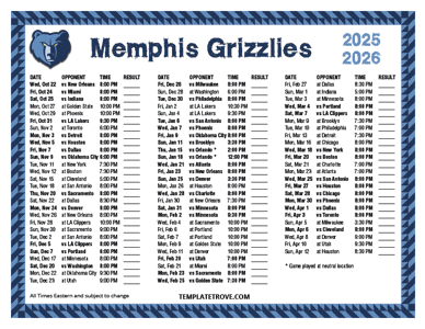 Memphis Grizzlies 2025-26 Printable Schedule