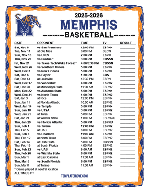 Memphis Tigers Basketball 2025-26 Printable Schedule - Pacific Times