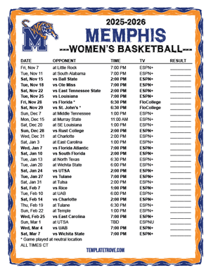 Memphis Tigers women's basketball 2025-26 Printable Schedule - Central Times