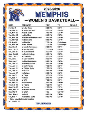 2024-25 Printable Memphis Tigers Women's Basketball Schedule