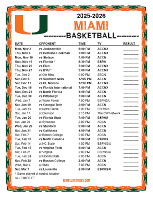 2024-25 Printable Miami Hurricanes Basketball Schedule