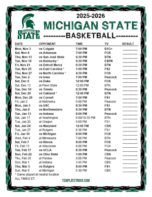 2024-25 Printable Michigan State Spartans Basketball Schedule