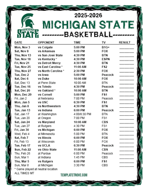 Michigan State Spartans Basketball 2025-26 Printable Schedule - Mountain Times