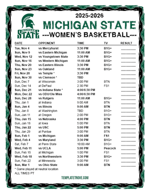 Michigan State Spartans Women's Basketball 2025-26 Printable Schedule - Pacific Times