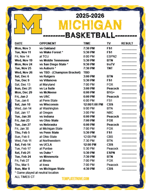 Michigan Wolverines Basketball 2025-26 Printable Schedule - Central Times