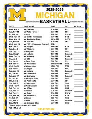 2024-25 Printable Michigan Wolverines Basketball Schedule