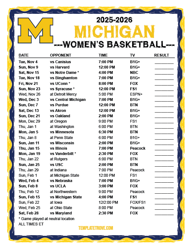 Printable 2025 2026 Michigan Wolverines Women #39 s Basketball Schedule