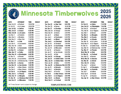 Minnesota Timberwolves 2025-26 Printable Schedule