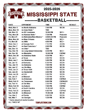 Mississippi State Bulldogs Basketball 2025-26 Printable Schedule - Mountain Times