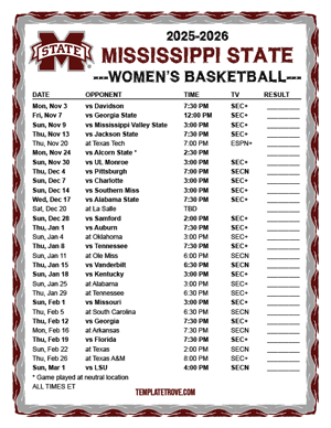 2024-25 Printable Mississippi State Bulldogs Women's Basketball Schedule
