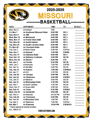 2024-25 Printable Missouri Tigers Basketball Schedule
