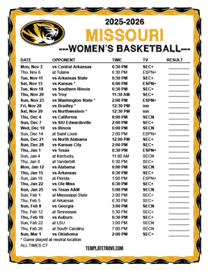 Missouri Tigers women's basketball 2025-26 Printable Schedule - Central Times