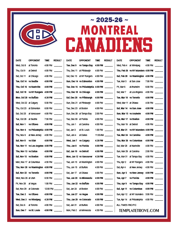 Printable 2025 2026 Montreal Canadiens Schedule