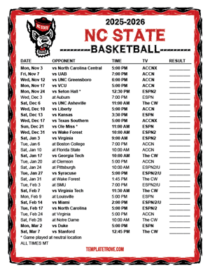 NC State Wolfpack Basketball 2025-26 Printable Schedule - Mountain Times