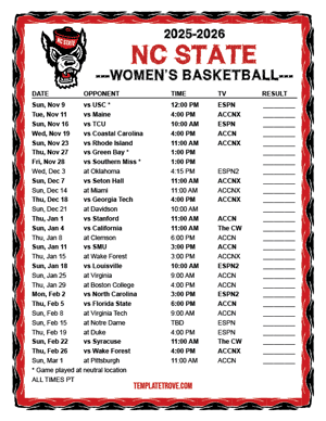 NC State Wolfpack women's basketball 2025-26 Printable Schedule - Pacific Times