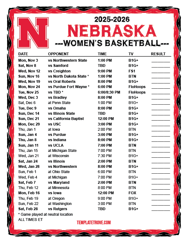 Printable 2025 2026 Nebraska Cornhuskers Women #39 s Basketball Schedule