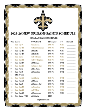 New Orleans Saints 2025-26
 Printable Schedule