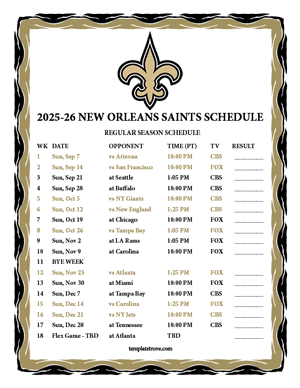 New Orleans Saints 2025-26
 Printable Schedule - Pacific Times